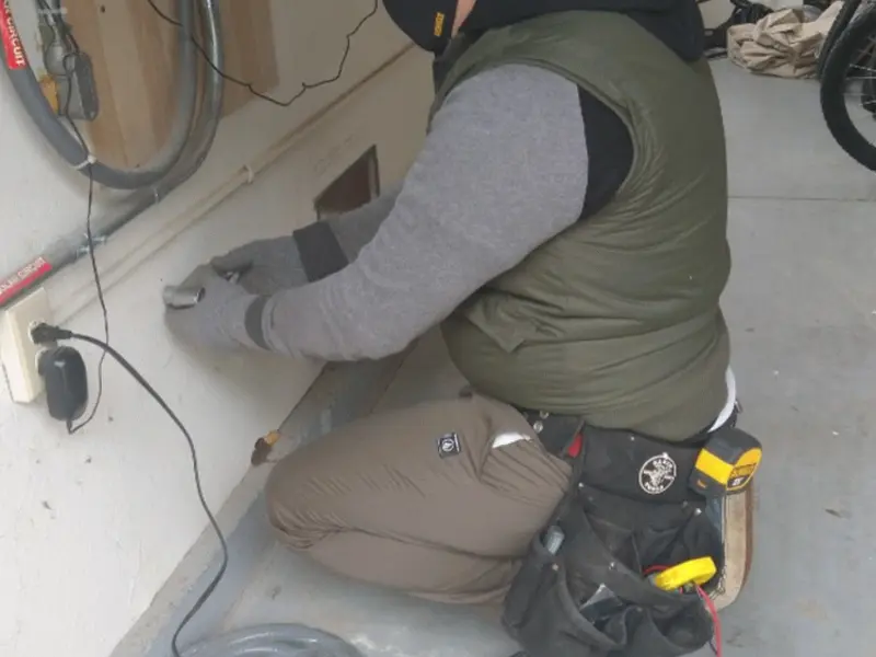 Electrician performing outlet wiring in a Kosciusko garage